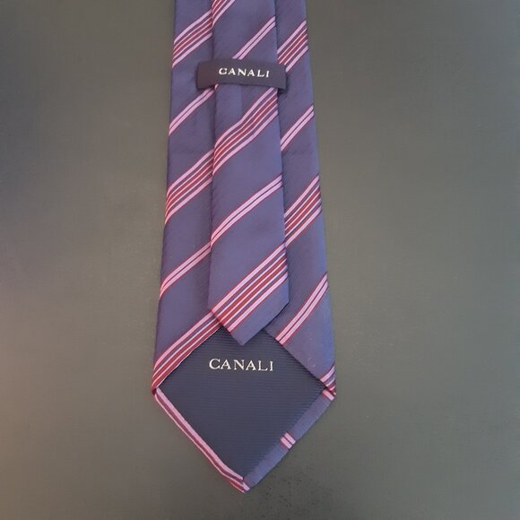 Canali Silk Tie Navy with Mauve & Maroon Diagonal Stripes - Picture 7 of 10